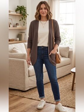 Market & Spruce Chocolate Mocha Brown Waffle Knit Open-Front Cardigan